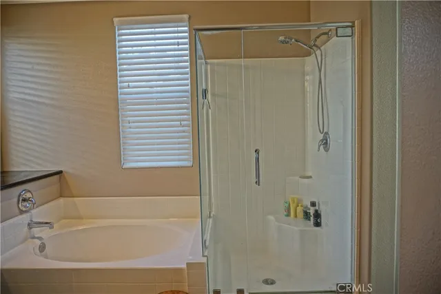 a bathroom with a shower and a bath tub
