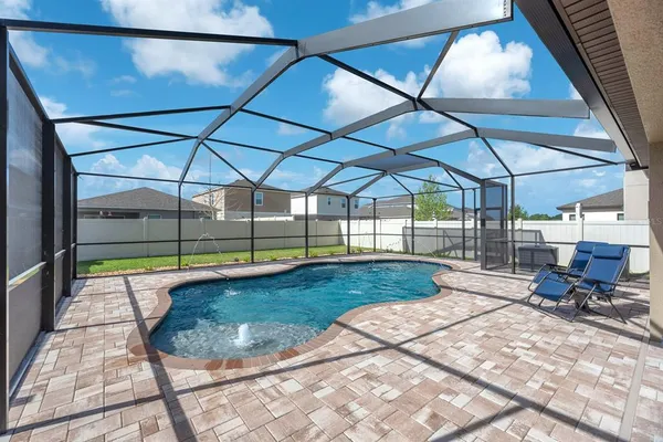 a view of a swimming pool with a yard