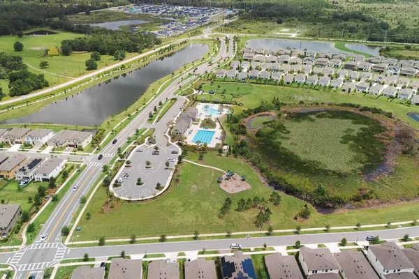 an aerial view of residential houses with outdoor space