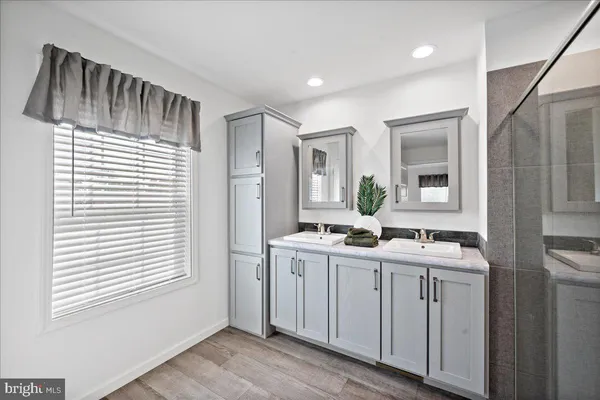 a bathroom with a sink a shower and a mirror