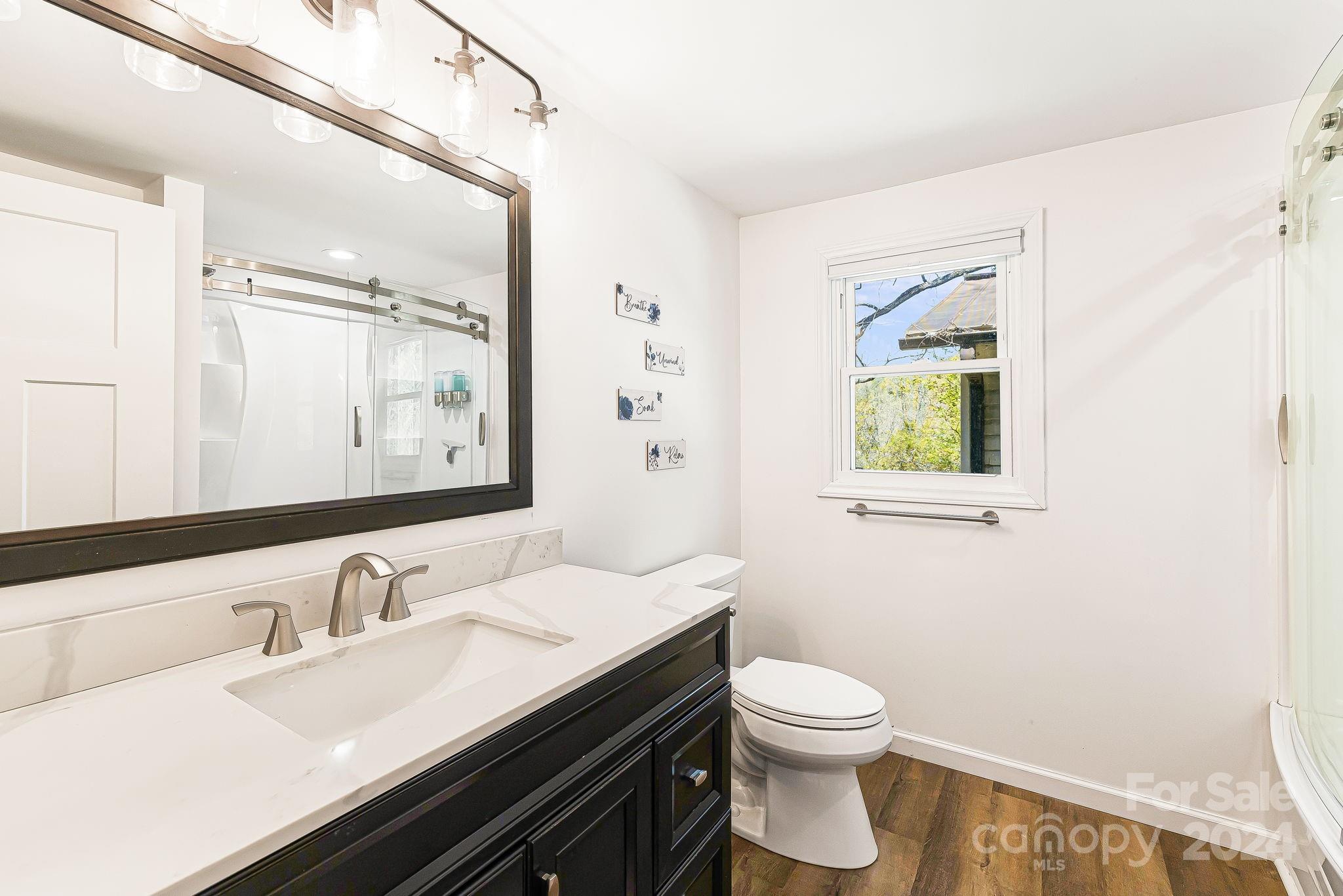 850 East Fork Road Marshall, NC 28753 - Photo 15 of 48 a bathroom with a granite countertop sink vanity mirror and toilet
