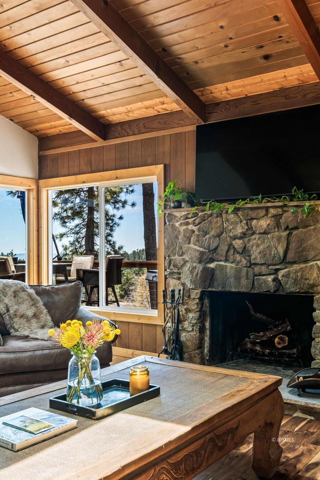 24750 Marion Ridge Drive Idyllwild, CA 92549 - Photo 10 of 45 a living room with furniture a fireplace and floor to ceiling window