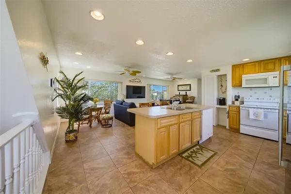 a living room with furniture a dining table kitchen view and a potted plant