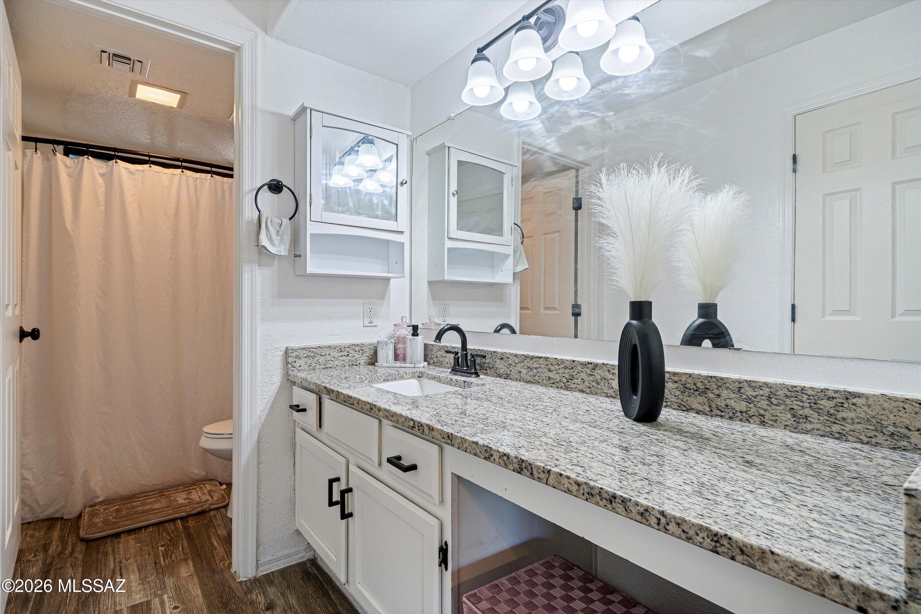 5800 North Kolb Road, Unit 1102 Tucson, AZ 85750 - Photo 15 of 36 a bathroom with a granite countertop sink and a mirror