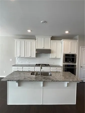 a kitchen with granite countertop a sink a counter top space cabinets and stainless steel appliances