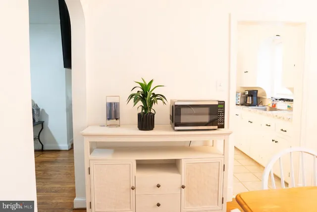 a bathroom with a sink a mirror and potted plant