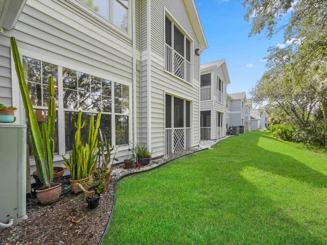 a view of a backyard with plants and garden