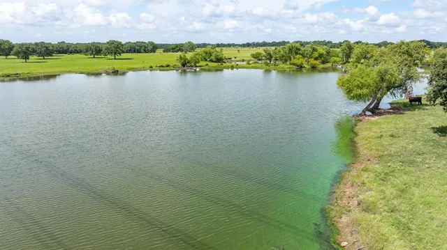 a view of a lake with a yard