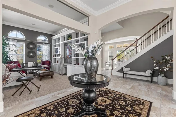 a view of a dining room with furniture
