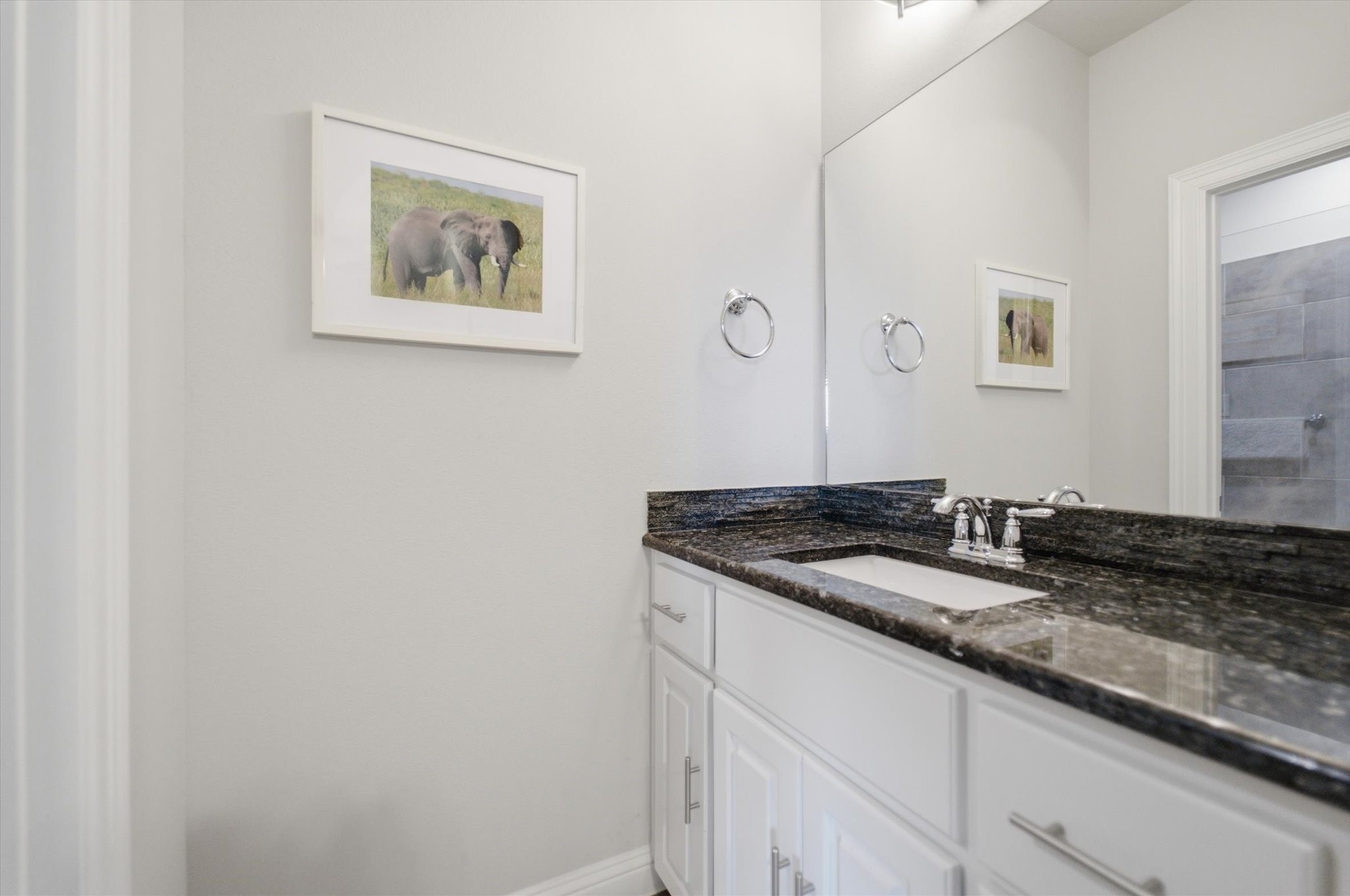 23722 Thortons Park Lane Spring, TX 77389 - Photo 39 of 48 This bathroom features a sleek design with a granite countertop, white cabinetry, a large mirror, and modern fixtures. The neutral walls enhance the bright and open feel, complemented by tasteful artwork.