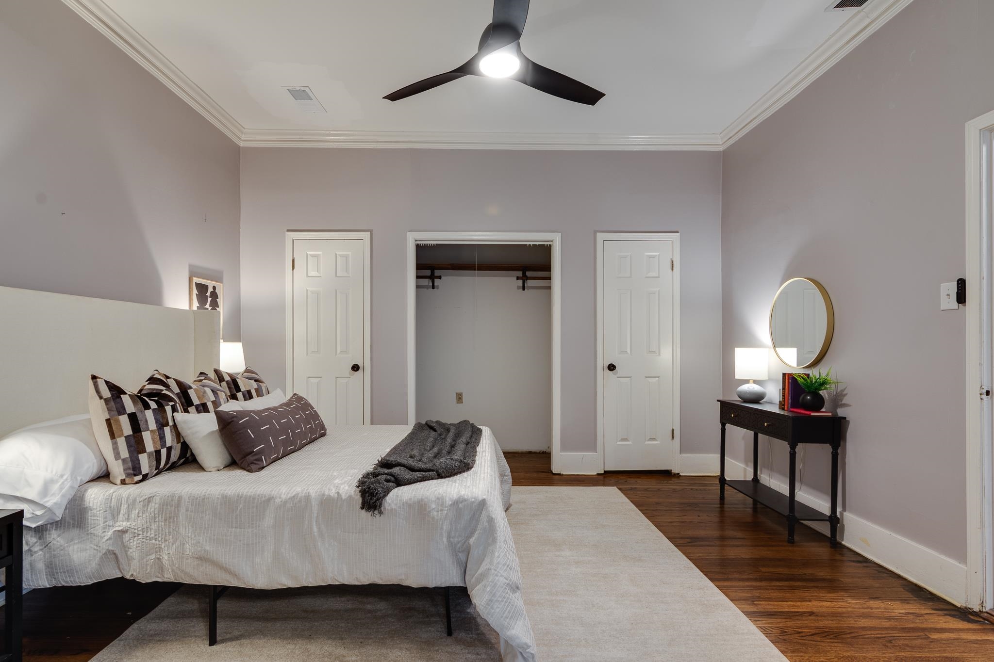 520 Ellsworth Street Memphis, TN 38111 - Photo 14 of 37 Bedroom featuring crown molding, dark wood finished floors, and a ceiling fan