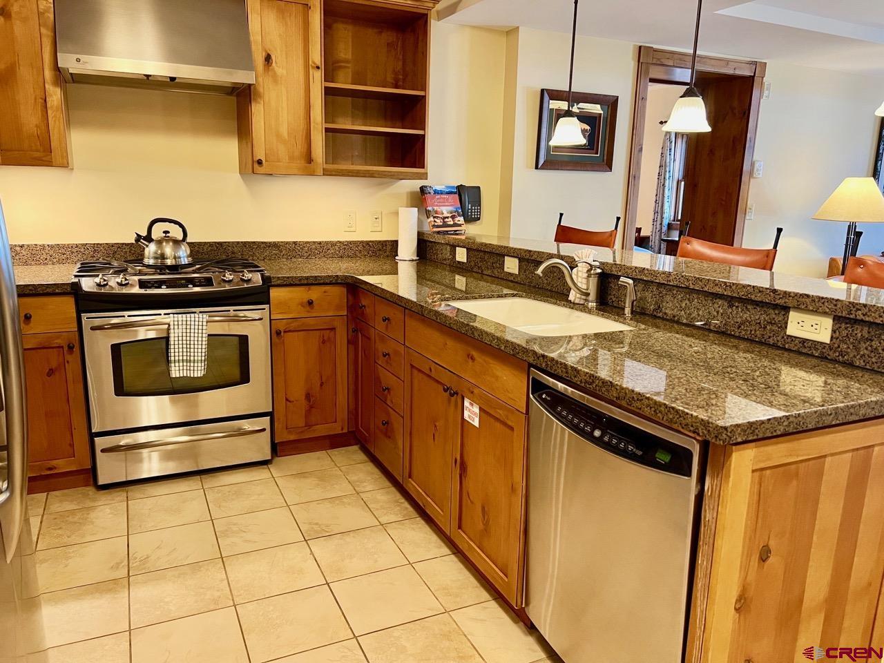 620 Gothic Road, Unit 606 Crested Butte, CO 81225 - Photo 6 of 28 a kitchen with stainless steel appliances granite countertop a stove a sink and a refrigerator