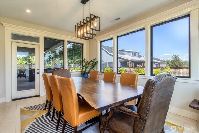 a view of a dining room with furniture window and outside view