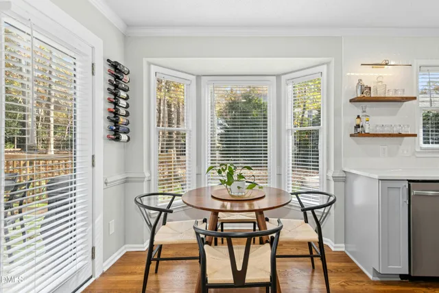 a view of a dining room with furniture window and wooden floor