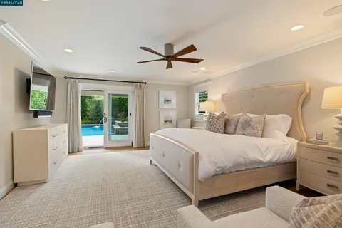 a spacious bedroom with a bed and glass door