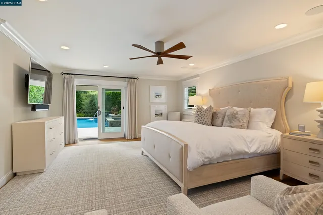 a spacious bedroom with a bed and glass door