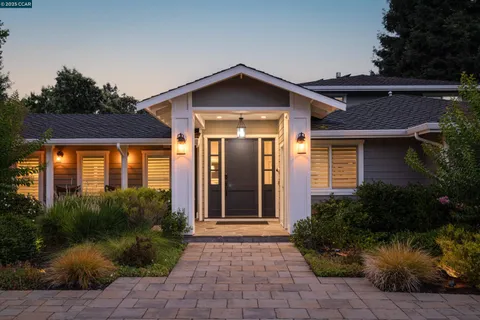 an aerial view of residential houses with outdoor space and trees