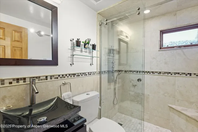 a bathroom with a toilet and a shower