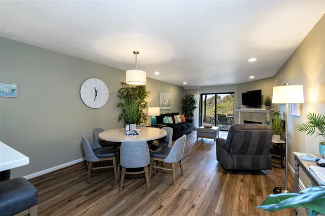 a living room with furniture a fireplace and a potted plant