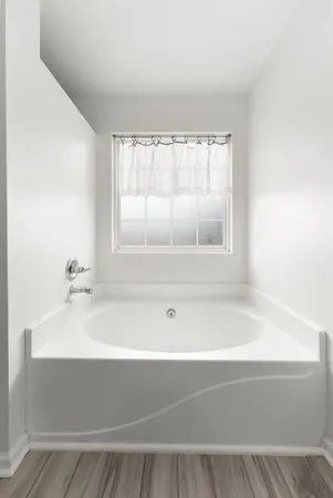 a bathroom with bathtub and window
