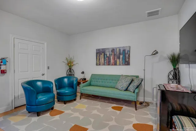 a living room with furniture a rug and a potted plant