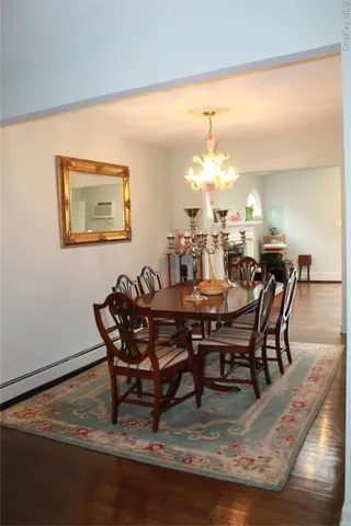 a view of a dining room with furniture