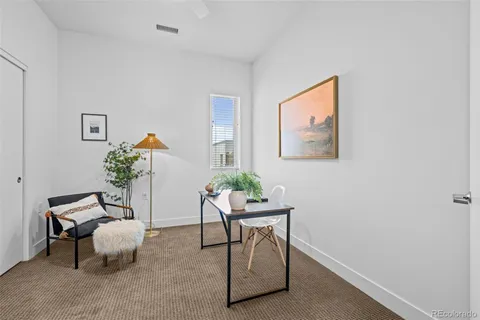 a living room with furniture and a potted plant
