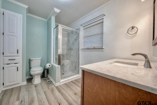 a bathroom with a granite countertop sink toilet and shower