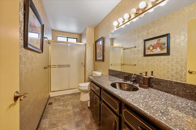 a bathroom with a granite countertop sink a toilet a mirror and vanity