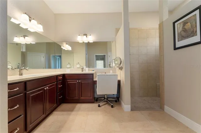 a bathroom with a sink vanity and a mirror