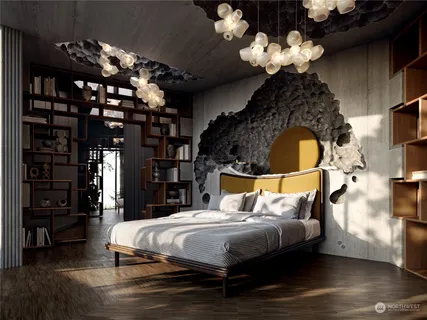 a bed sitting in a bedroom next to a store room