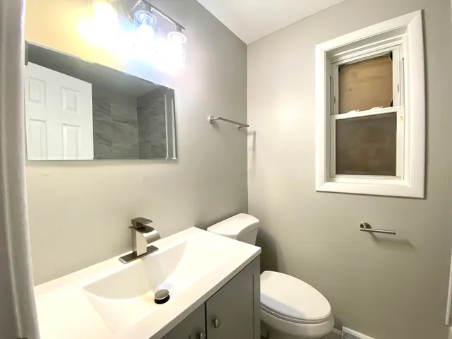 a bathroom with a sink a toilet and mirror