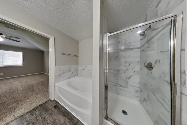 a bathroom with a bathtub and shower