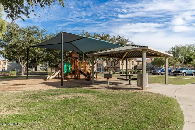 a view of a park with slide
