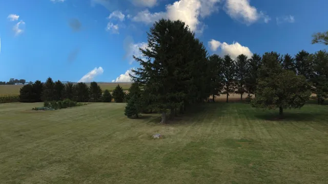 a view of a yard with a house in the background