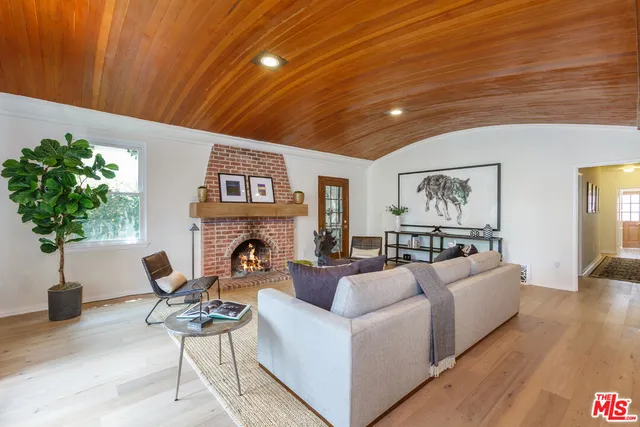 a living room with furniture a potted plant and a fireplace