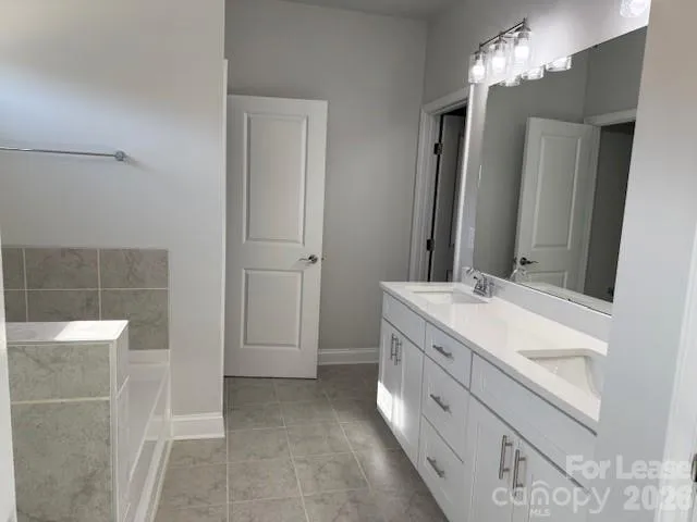a bathroom with a double vanity sink and a mirror