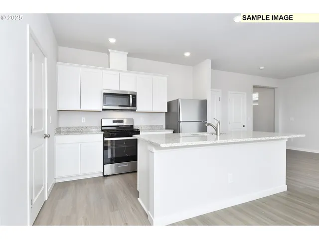 a kitchen with stainless steel appliances granite countertop a stove a sink and a refrigerator