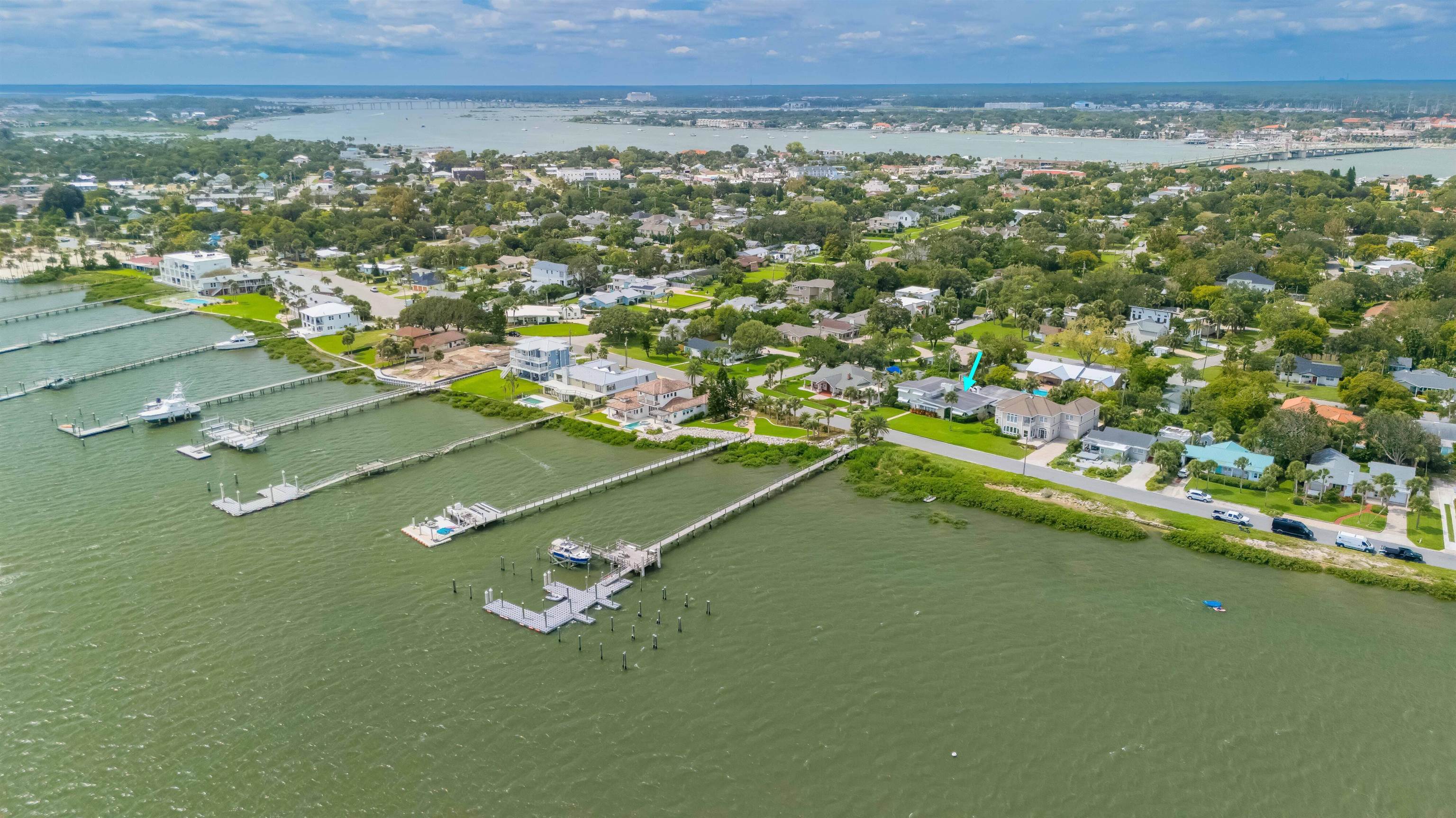 Aerial view of residential area featuring a large body of water