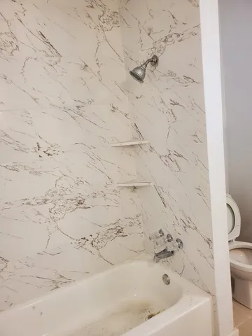 a bathroom with a bathtub and a shower