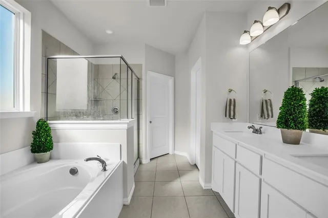a bathroom with a tub sink and mirror