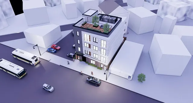 an aerial view of a room with gym equipment