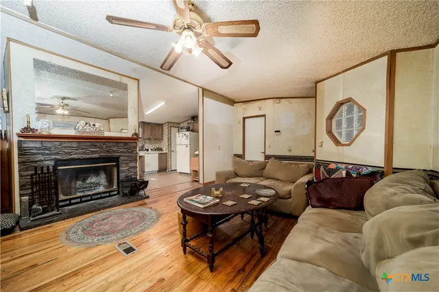 a living room with furniture and a fireplace