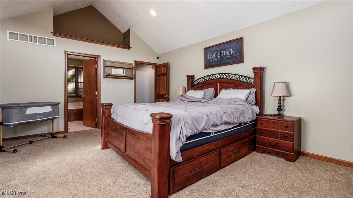 62960 James Road Cambridge, OH 43725 - Photo 19 of 40 primary Bedroom featuring high vaulted ceiling, light colored carpet, and ensuite bath