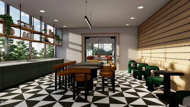 a view of a dining room with furniture window and outside view