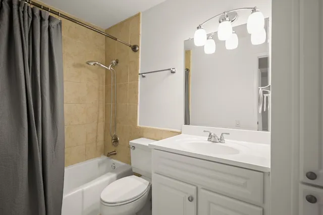 a bathroom with a sink a mirror a toilet and shower