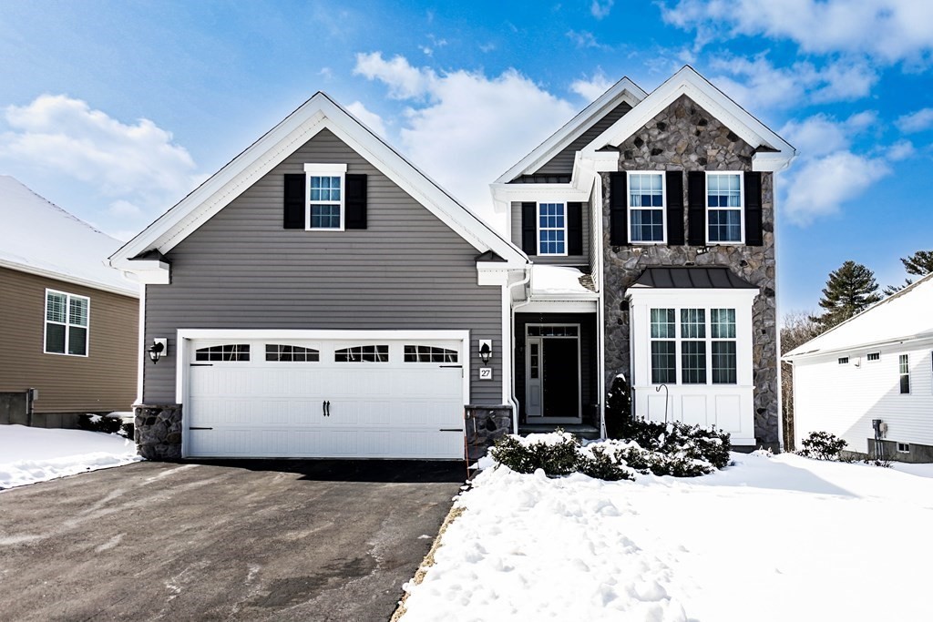 a view of a house with snow in the background