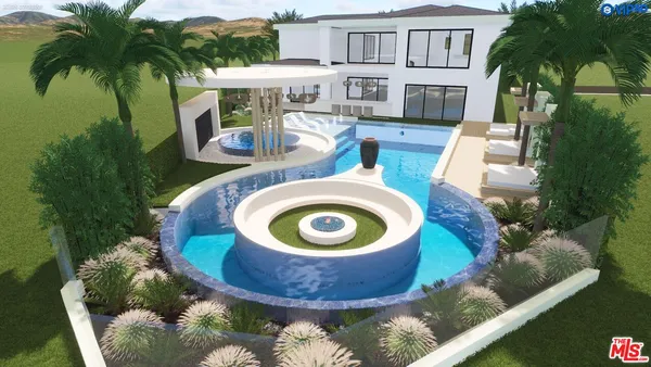 a swimming pool with outdoor seating yard and barbeque oven