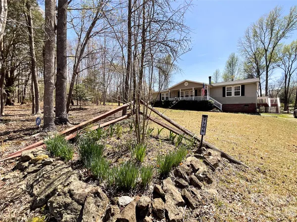 a view of a yard with large trees and a pathway