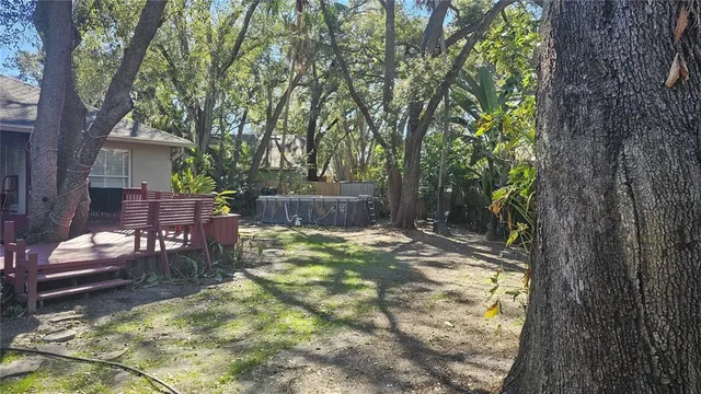 a view of backyard with table and chairs and a large tree